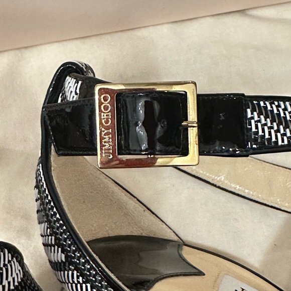 Jimmy Choo Lottie Patent Leather & Raffia Heels Black Size 38 - Picture 5 of 10